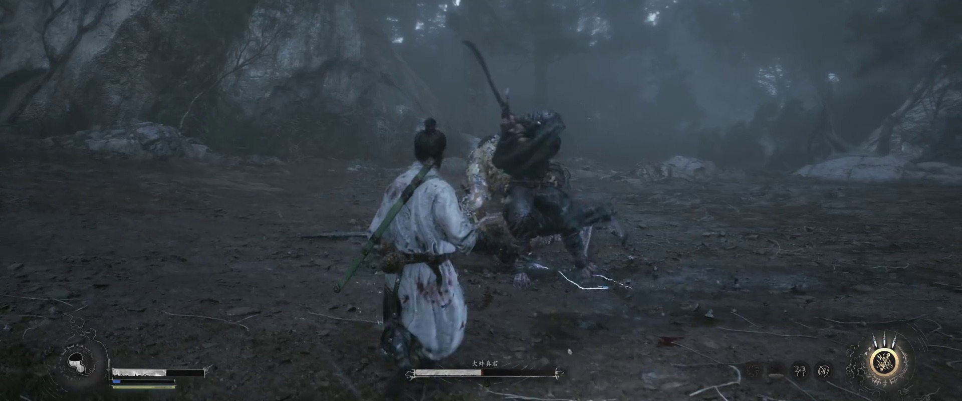 The black-cloaked ally and the white-robed swordsman fighting the giant clam boss together