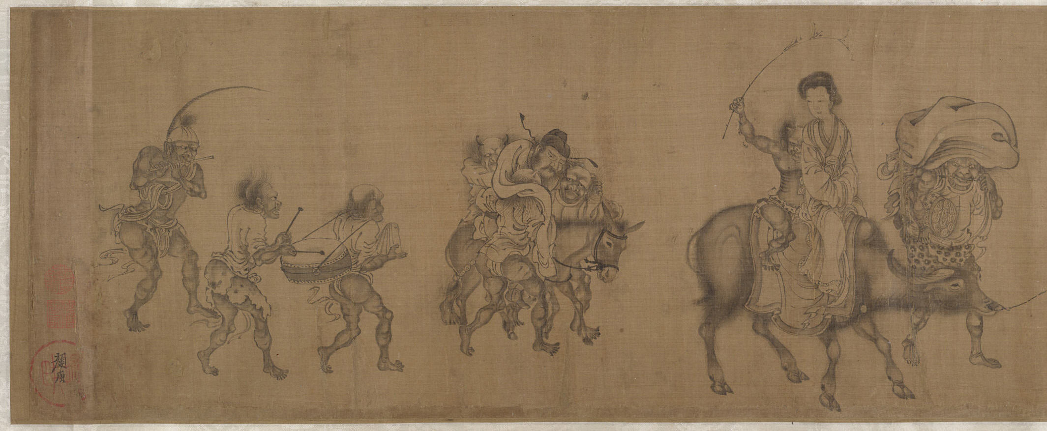 Ink painting of Zhong Kui's demon procession with his sister on a donkey, musicians and demon attendants