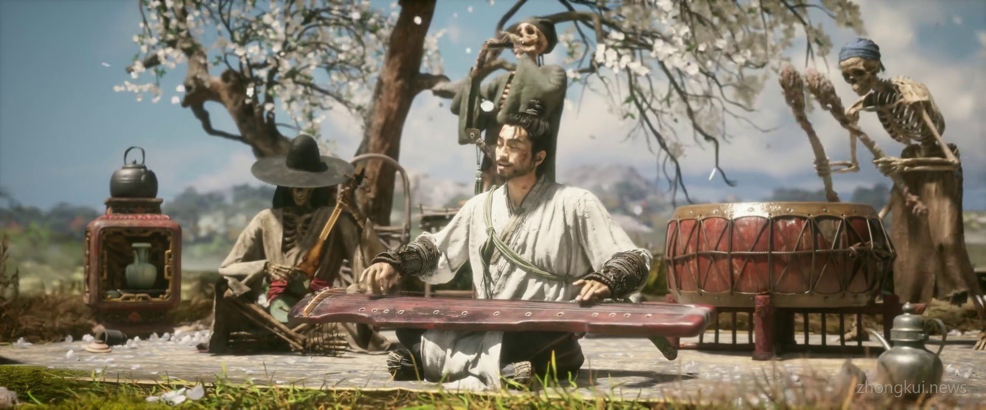 Three skeletons playing drums and stringed instruments in a flowering tree grove while a scholar plays the qin