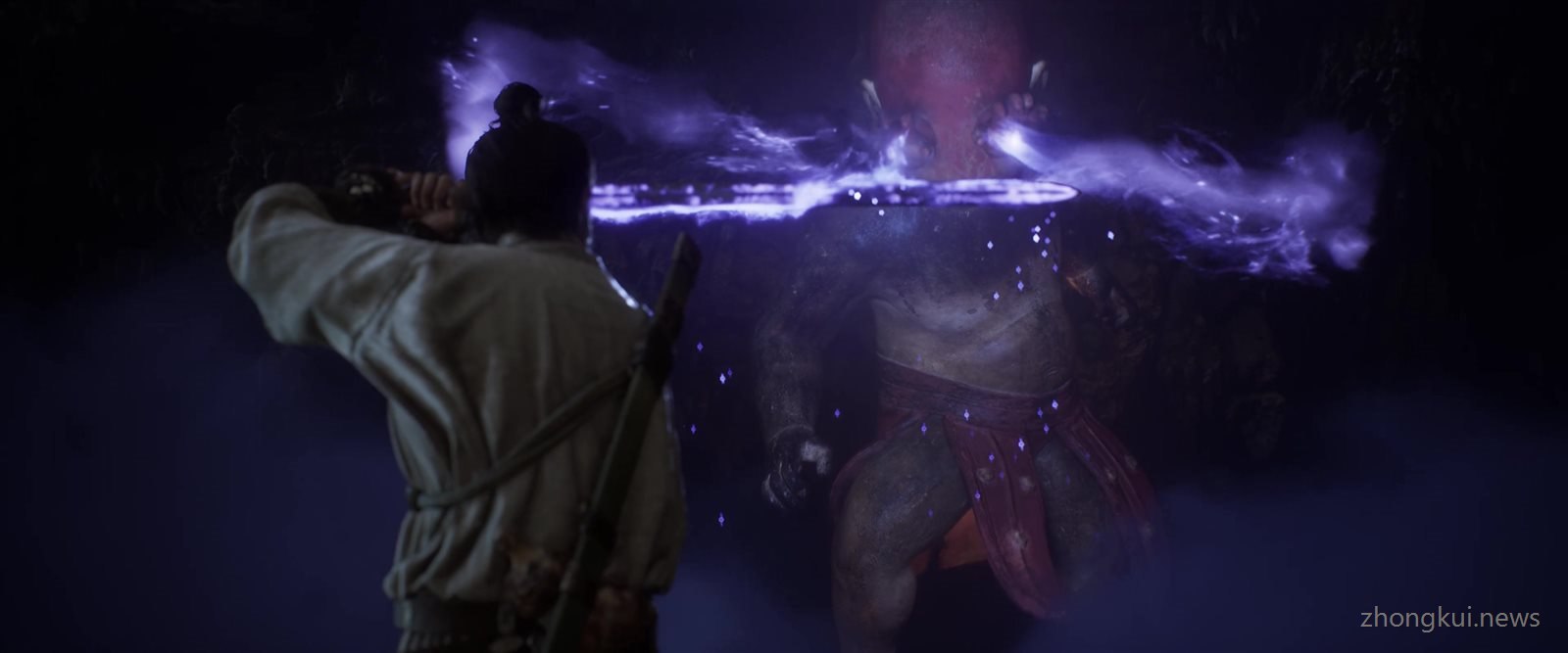 The swordsman whipping a ribbon of purple lightning toward a red-clad opponent in a dark scene