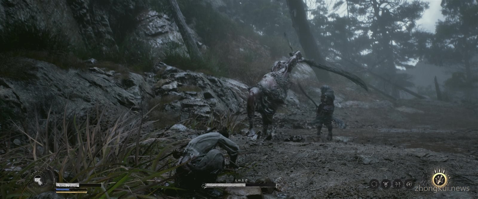 The clam boss rears up while a dark humanoid figure stands ready beside the crouching swordsman